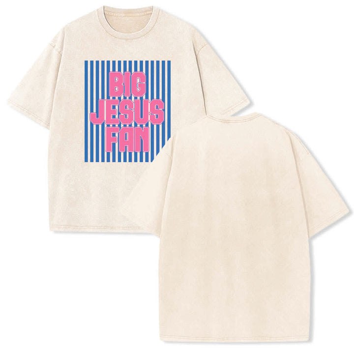 Christianartworkshop Dual-Side Big Jesus Fan Striped Letter Print Washed T-shirt - Beige - 5XL - image 0