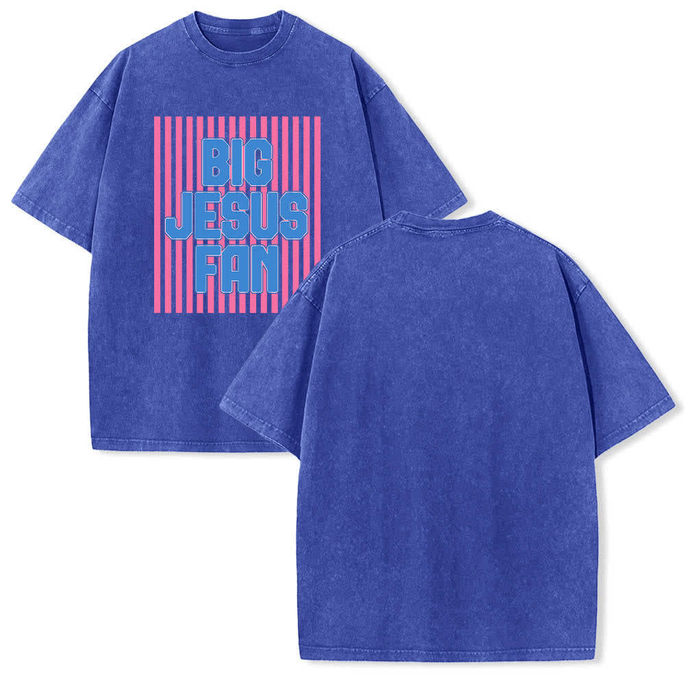 Christianartworkshop Dual-Side Big Jesus Fan Striped Letter Print Washed T-shirt - Blue - 5XL - image 12