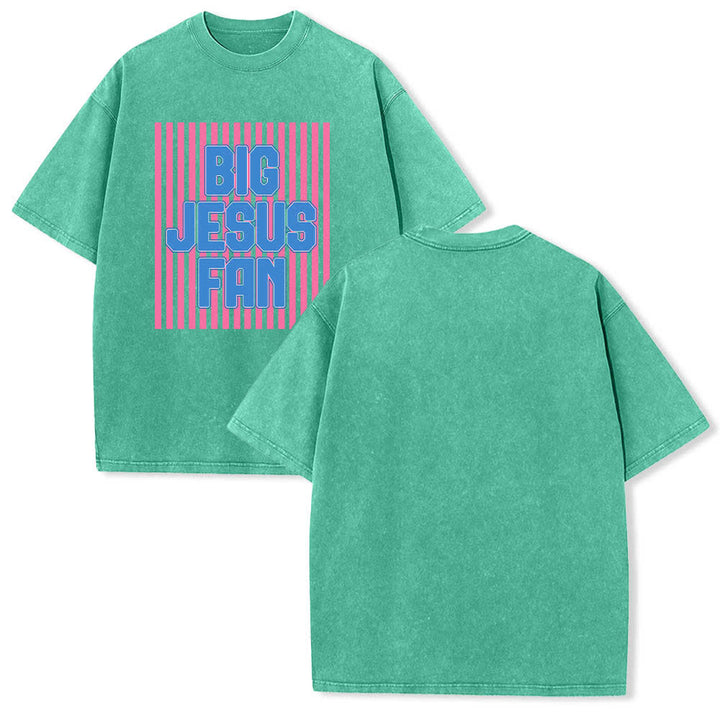 Christianartworkshop Dual-Side Big Jesus Fan Striped Letter Print Washed T-shirt - Green - 5XL - image 21