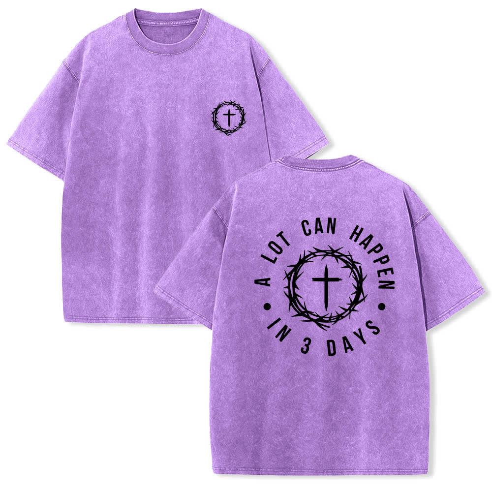 Christianartworkshop Dual-Side A Lot Can Happen In 3 Days Crown Of Thorns Cross Letter Print Washed T-shirt - Purple - 5XL - image 6