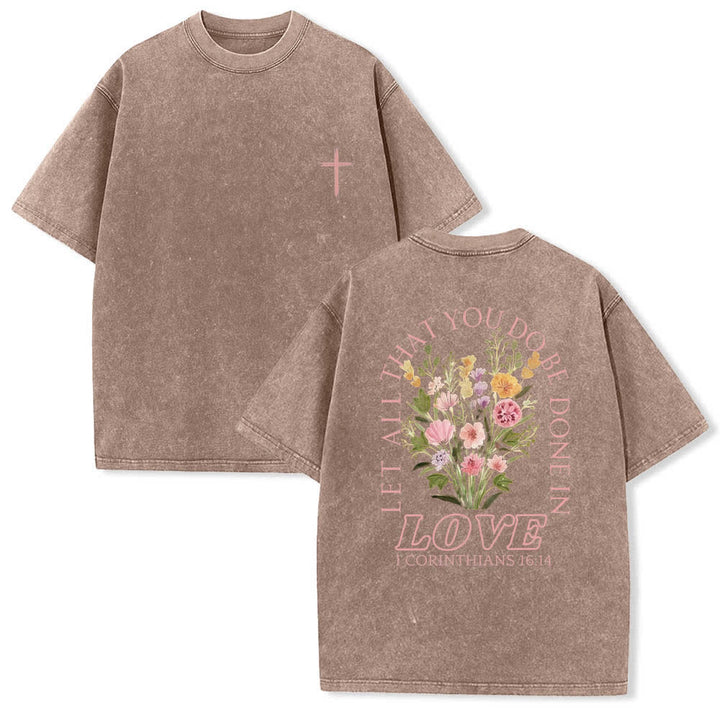 Christianartworkshop Dual-Side Let All That You Do Be Done In Love Floral Cross Letter Print Washed T-shirt - Brown - 5XL - image 21