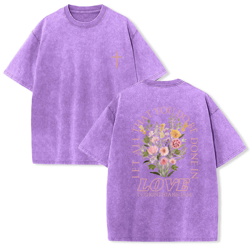 Christianartworkshop Dual-Side Let All That You Do Be Done In Love Floral Cross Letter Print Washed T-shirt - Purple - 5XL - image 9