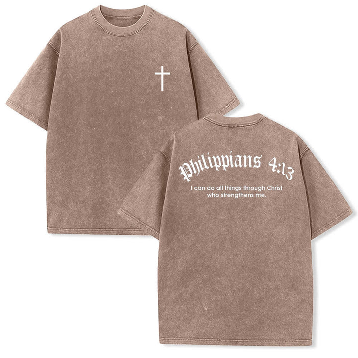 Christianartworkshop Dual-Side Philippians 4:13 Cross Scripture Letter Print Washed T-shirt - Brown - 5XL - image 24