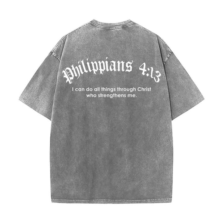 Christianartworkshop Dual-Side Philippians 4:13 Cross Scripture Letter Print Washed T-shirt - image 1