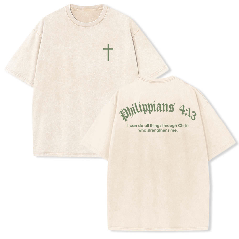 Christianartworkshop Dual-Side Philippians 4:13 Cross Scripture Letter Print Washed T-shirt - Beige - 5XL - image 9
