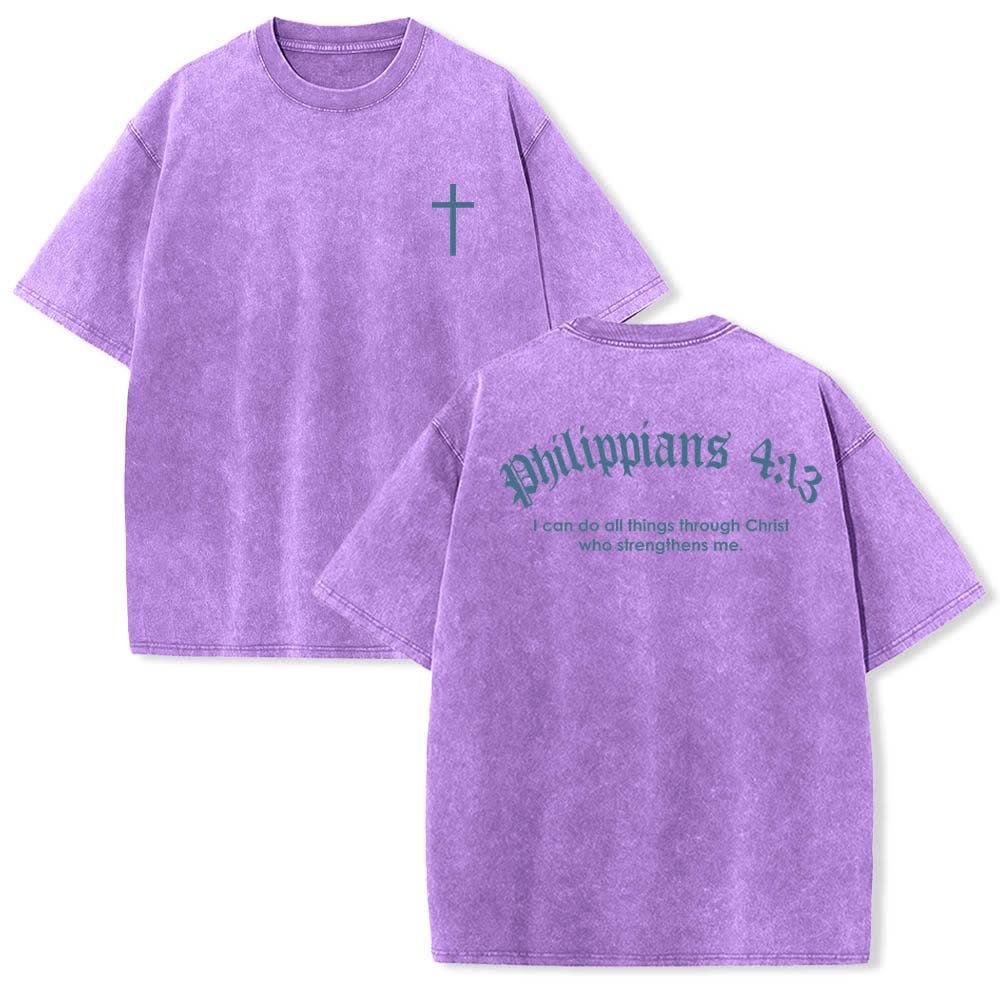 Christianartworkshop Dual-Side Philippians 4:13 Cross Scripture Letter Print Washed T-shirt - Purple - 5XL - image 12