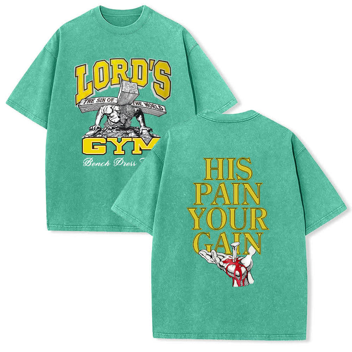 Christianartworkshop Dual-Side Lord's Gym His Pain Your Gain Graphic Letter Print Washed T-shirt - Green - 5XL - image 6