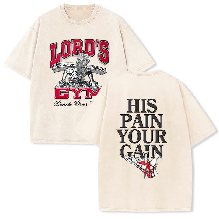 Christianartworkshop Dual-Side Lord's Gym His Pain Your Gain Graphic Letter Print Washed T-shirt - Beige - 5XL - image 12