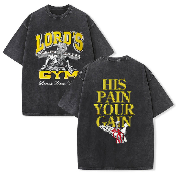 Christianartworkshop Dual-Side Lord's Gym His Pain Your Gain Graphic Letter Print Washed T-shirt - Black - 5XL - image 9