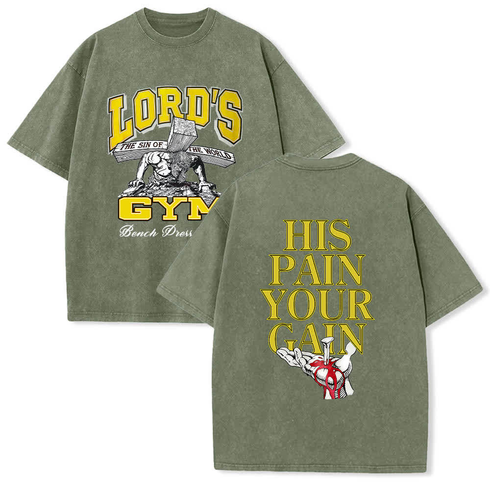 Christianartworkshop Dual-Side Lord's Gym His Pain Your Gain Graphic Letter Print Washed T-shirt - Army Green - 5XL - image 21