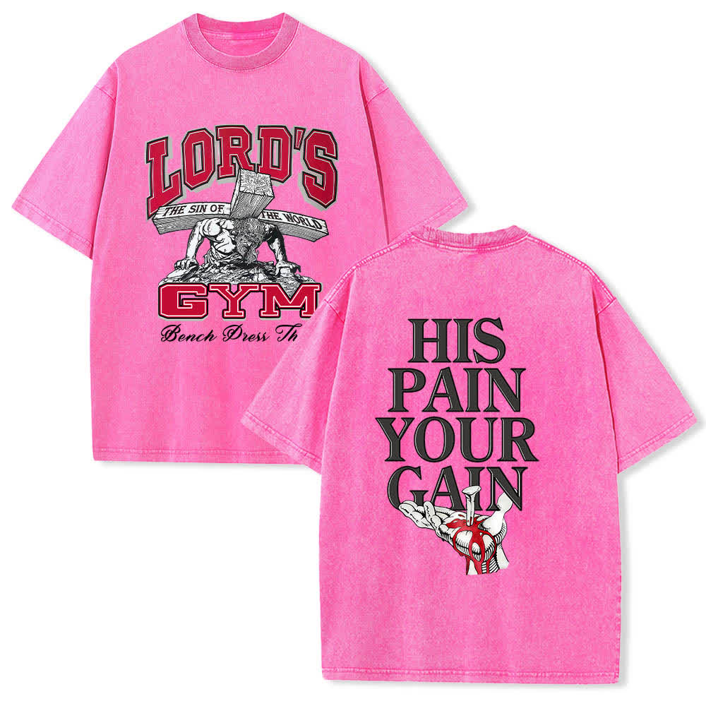 Christianartworkshop Dual-Side Lord's Gym His Pain Your Gain Graphic Letter Print Washed T-shirt - Pink - 5XL - image 18