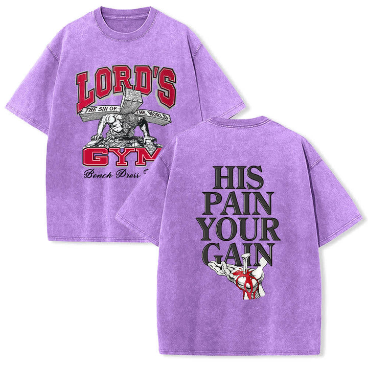 Christianartworkshop Dual-Side Lord's Gym His Pain Your Gain Graphic Letter Print Washed T-shirt - Purple - 5XL - image 15