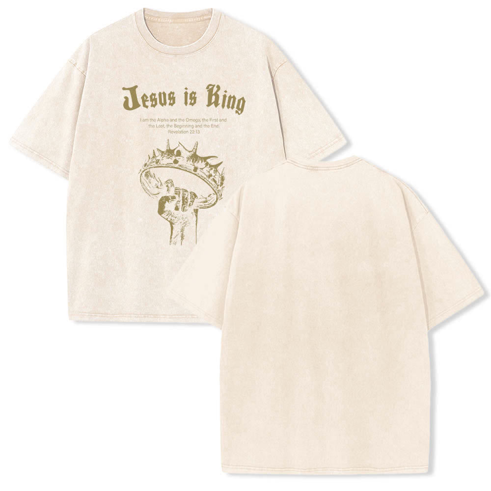 Christianartworkshop Dual-Side Jesus Is King Crown Of Thorns Scripture Letter Print Washed T-shirt - Beige - 5XL - image 15