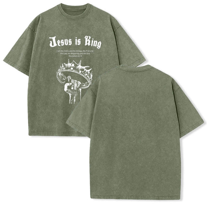 Christianartworkshop Dual-Side Jesus Is King Crown Of Thorns Scripture Letter Print Washed T-shirt - Army Green - 5XL - image 24