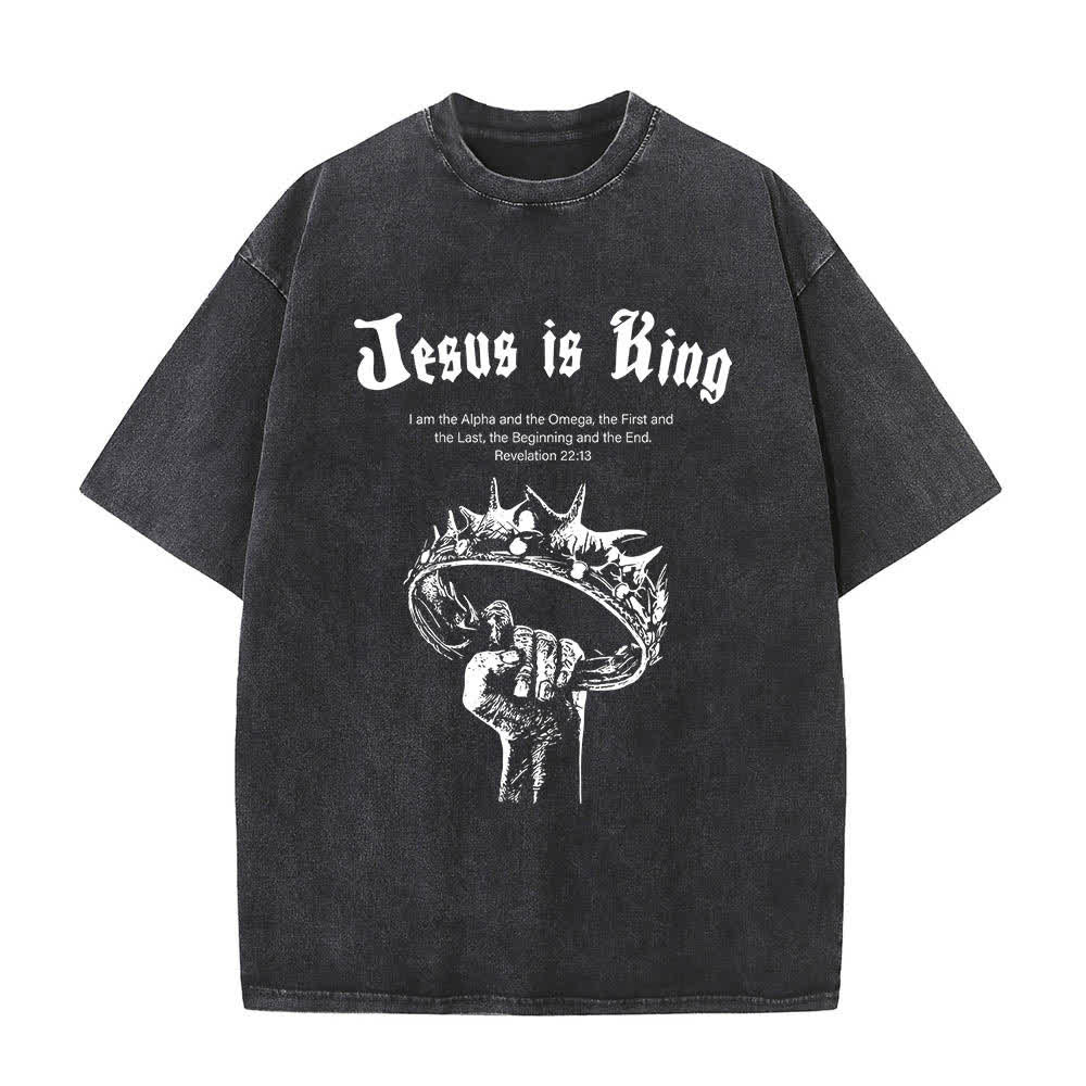 Christianartworkshop Dual-Side Jesus Is King Crown Of Thorns Scripture Letter Print Washed T-shirt - image 13
