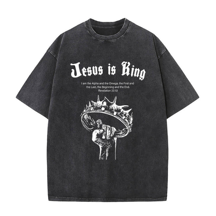 Christianartworkshop Dual-Side Jesus Is King Crown Of Thorns Scripture Letter Print Washed T-shirt - image 13