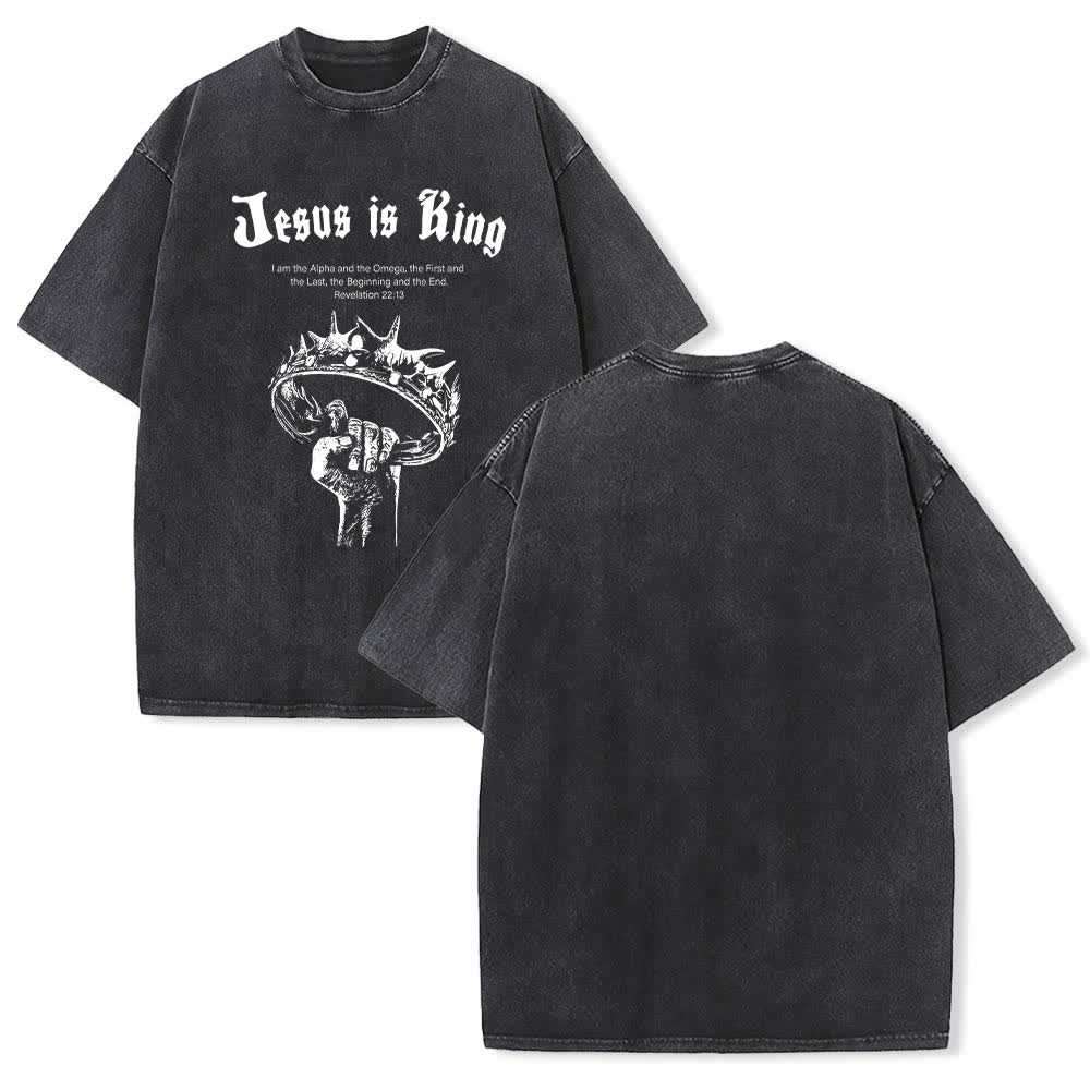 Christianartworkshop Dual-Side Jesus Is King Crown Of Thorns Scripture Letter Print Washed T-shirt - Black - 5XL - image 12