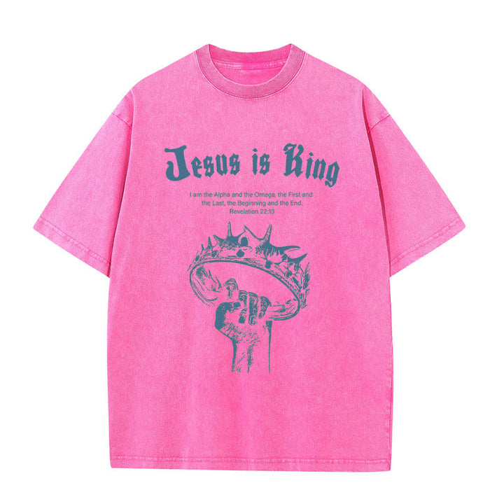 Christianartworkshop Dual-Side Jesus Is King Crown Of Thorns Scripture Letter Print Washed T-shirt - image 22