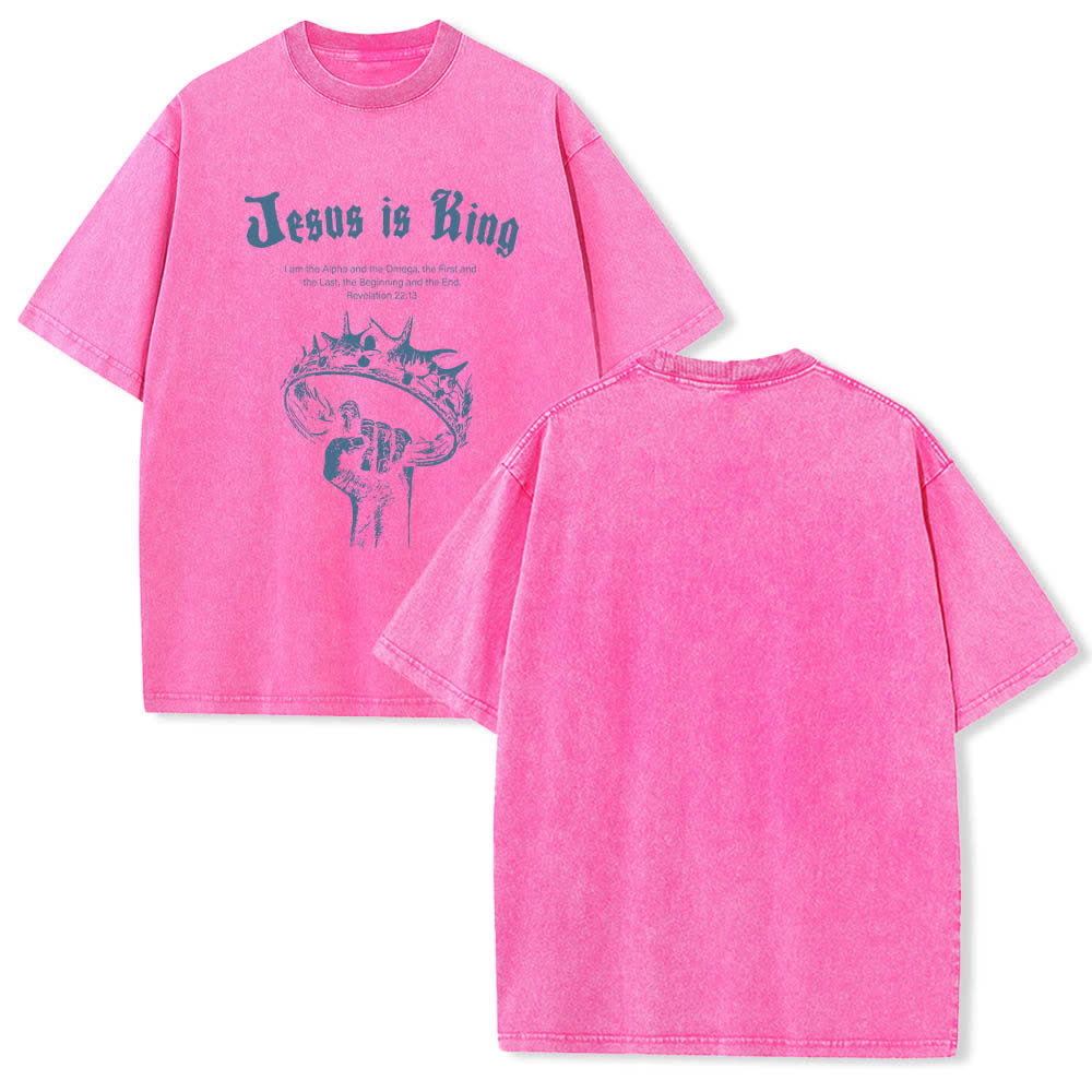 Christianartworkshop Dual-Side Jesus Is King Crown Of Thorns Scripture Letter Print Washed T-shirt - Pink - 5XL - image 21