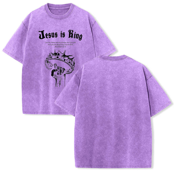 Christianartworkshop Dual-Side Jesus Is King Crown Of Thorns Scripture Letter Print Washed T-shirt - Purple - 5XL - image 18