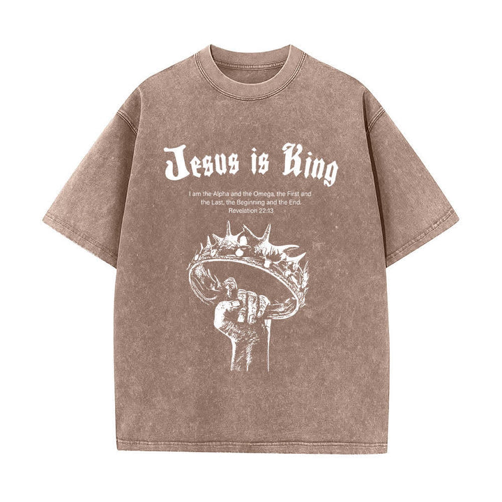 Christianartworkshop Dual-Side Jesus Is King Crown Of Thorns Scripture Letter Print Washed T-shirt - image 4