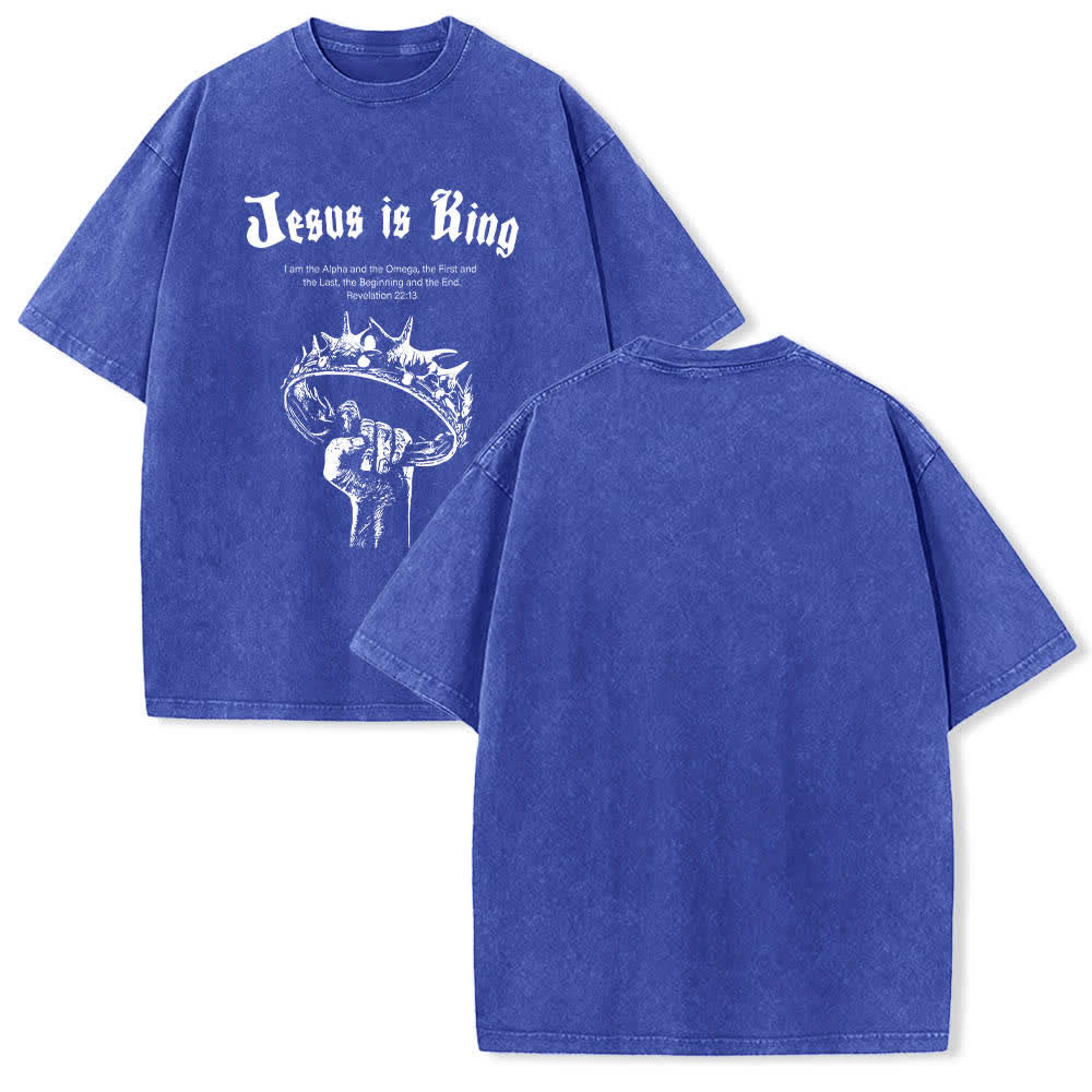 Christianartworkshop Dual-Side Jesus Is King Crown Of Thorns Scripture Letter Print Washed T-shirt - Blue - 5XL - image 0