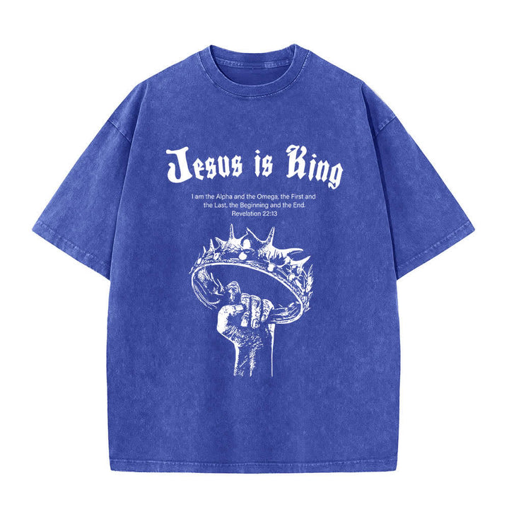 Christianartworkshop Dual-Side Jesus Is King Crown Of Thorns Scripture Letter Print Washed T-shirt - image 1