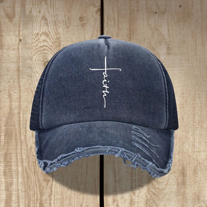 Christianartworkshop Distressed Faith Cross Cursive Letter Print Hat - Navy Blue - image 6