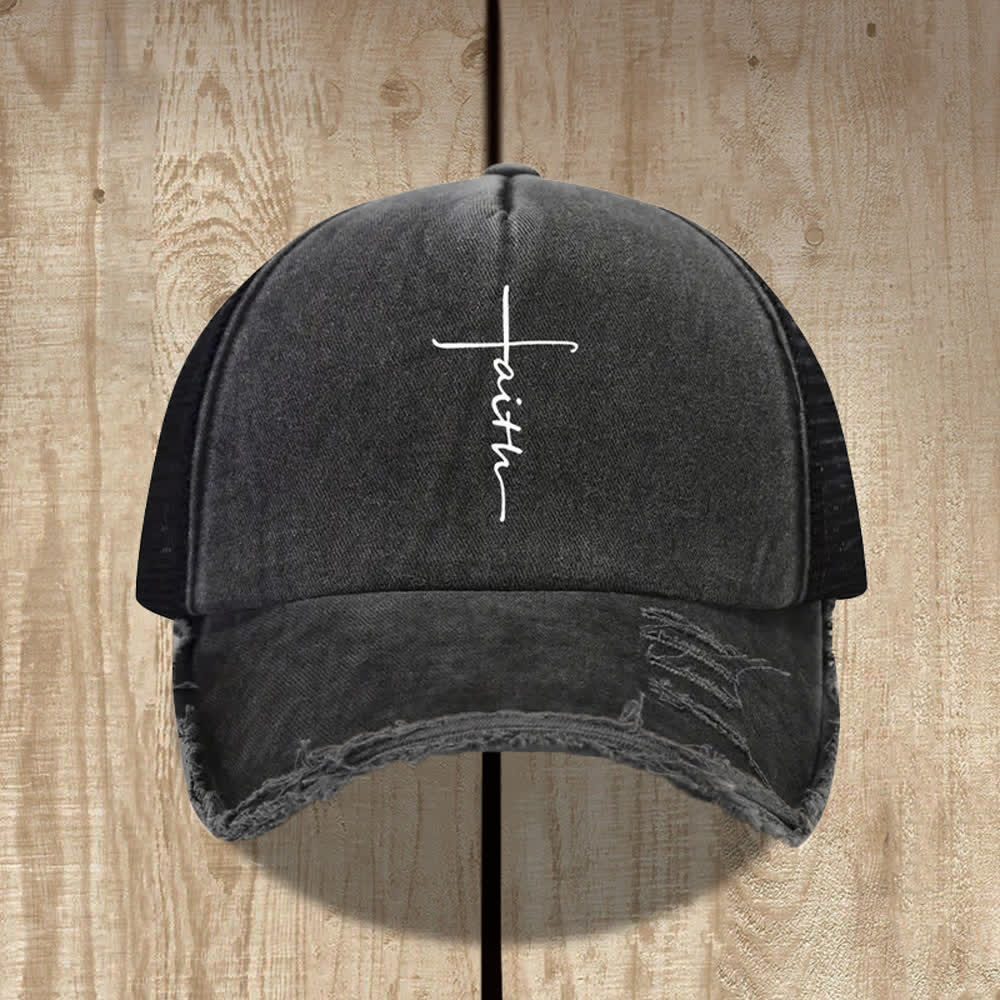 Christianartworkshop Distressed Faith Cross Cursive Letter Print Hat - Black - image 0