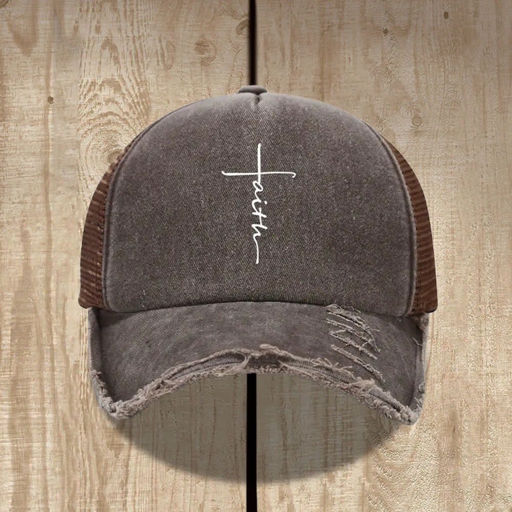Christianartworkshop Distressed Faith Cross Cursive Letter Print Hat - Coffee - image 4