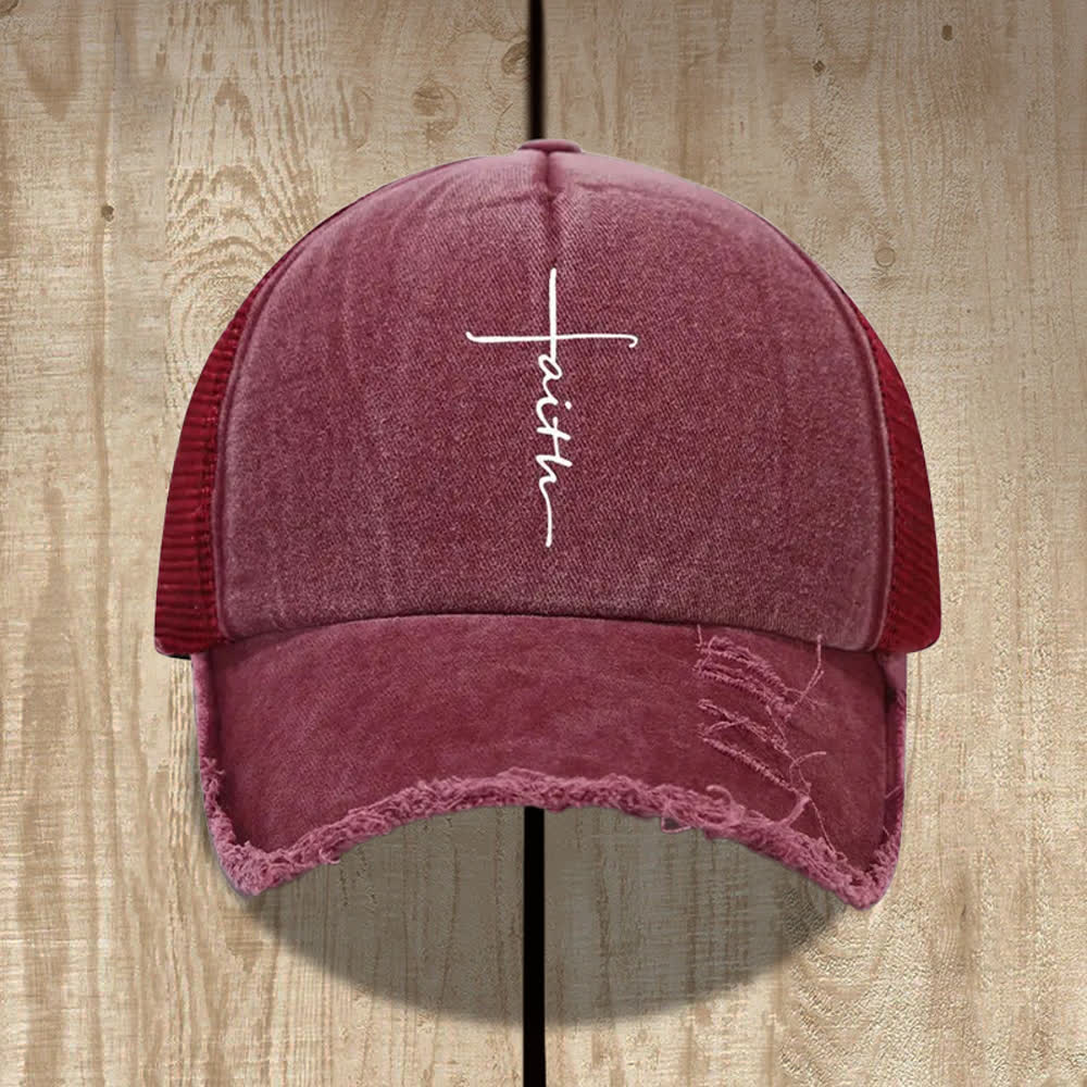 Christianartworkshop Distressed Faith Cross Cursive Letter Print Hat - Wine - image 2