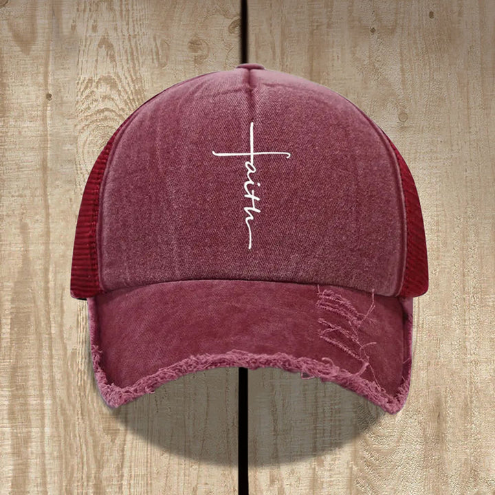 Christianartworkshop Distressed Faith Cross Cursive Letter Print Hat - Wine - image 2