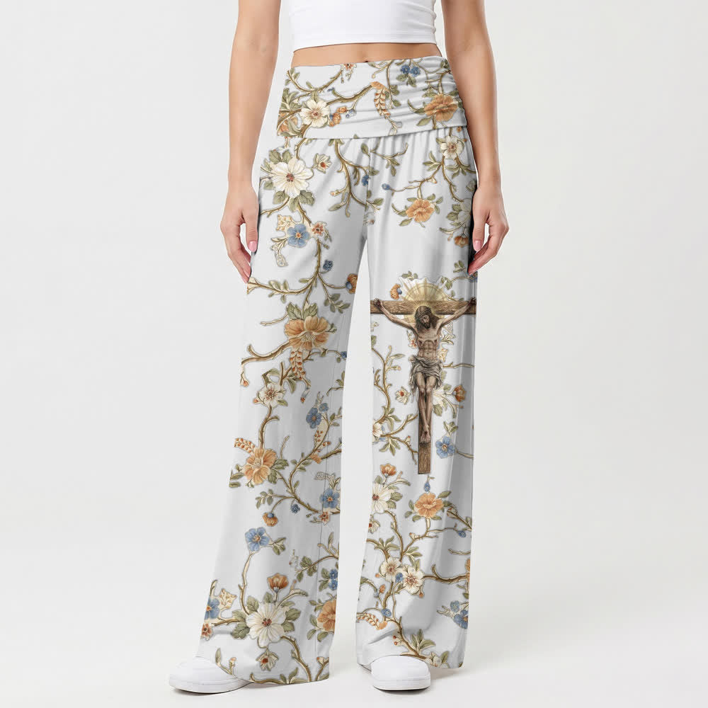 Christianartworkshop Fold Over Elastic High Waist Crucifix Jesus Vintage Floral Vine Art Casual Faith Women’s Wide Leg Pants - image 1