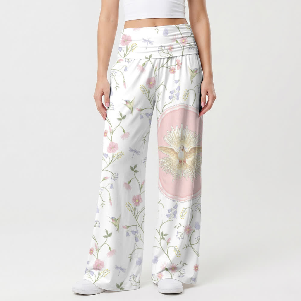 Christianartworkshop Elastic High Waist Holy Dove Hummingbird Floral Vine Art Casual Faith Women’s Wide Leg Pants - image 1