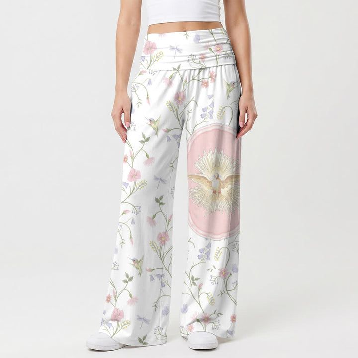 Christianartworkshop Elastic High Waist Holy Dove Hummingbird Floral Vine Art Casual Faith Women’s Wide Leg Pants - image 1