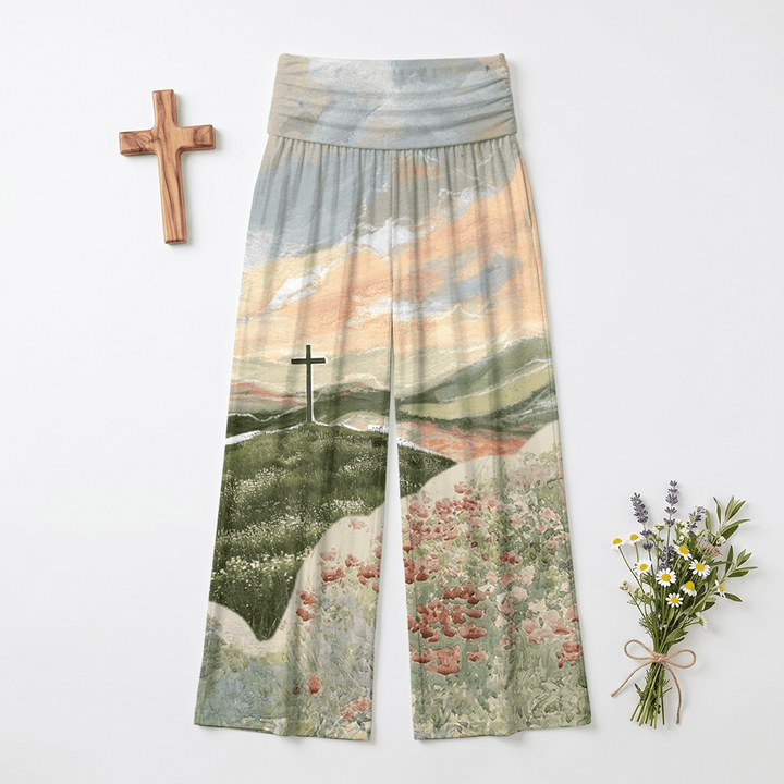 Christianartworkshop Pastoral Hill Cross Sunset Poppy Oil Art Casual Faith Women’s Wide Leg Pants - US22,UK/AU26,EU54(6XL) - image 0