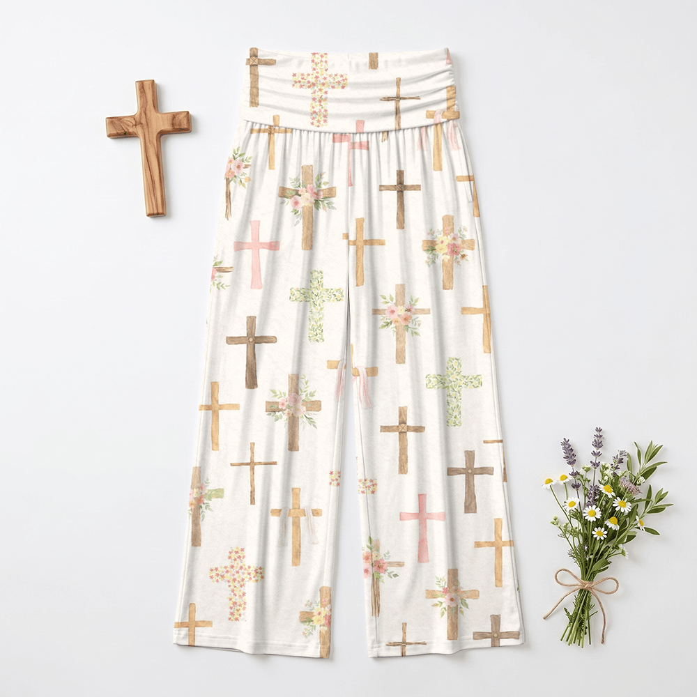 Christianartworkshop Watercolor Floral Cross All Over Print Casual Faith Women’s Wide Leg Pants - US22,UK/AU26,EU54(6XL) - image 0