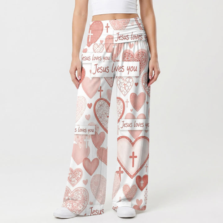 Christianartworkshop Pink Heart Cross Jesus Loves You Letter Art Casual Faith Women’s Wide Leg Pants - image 1