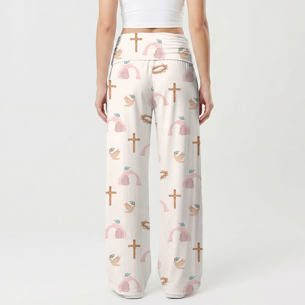 Christianartworkshop Dove Cross Crown Of Thorns Pastoral Art Casual Faith Women’s Wide Leg Pants - image 2