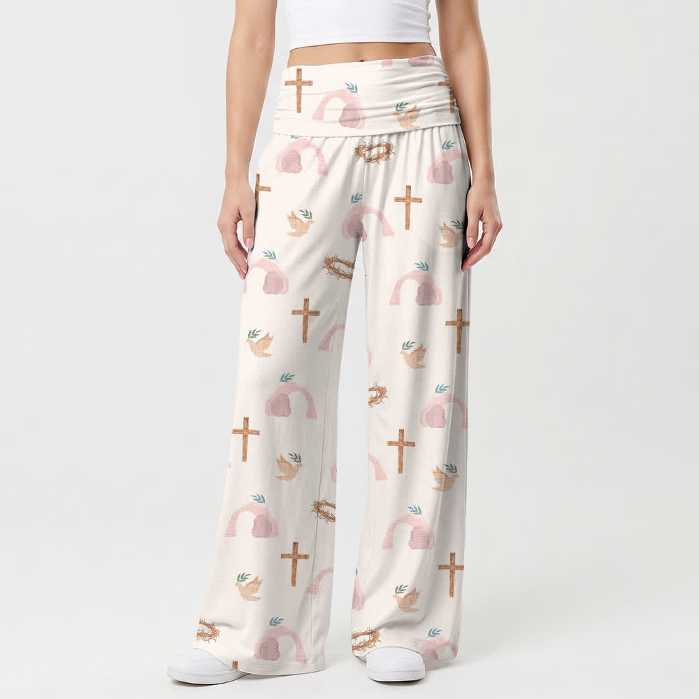 Christianartworkshop Dove Cross Crown Of Thorns Pastoral Art Casual Faith Women’s Wide Leg Pants - image 1