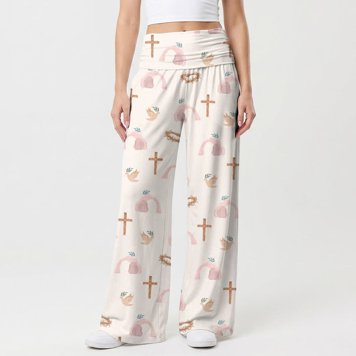 Christianartworkshop Dove Cross Crown Of Thorns Pastoral Art Casual Faith Women’s Wide Leg Pants - image 1