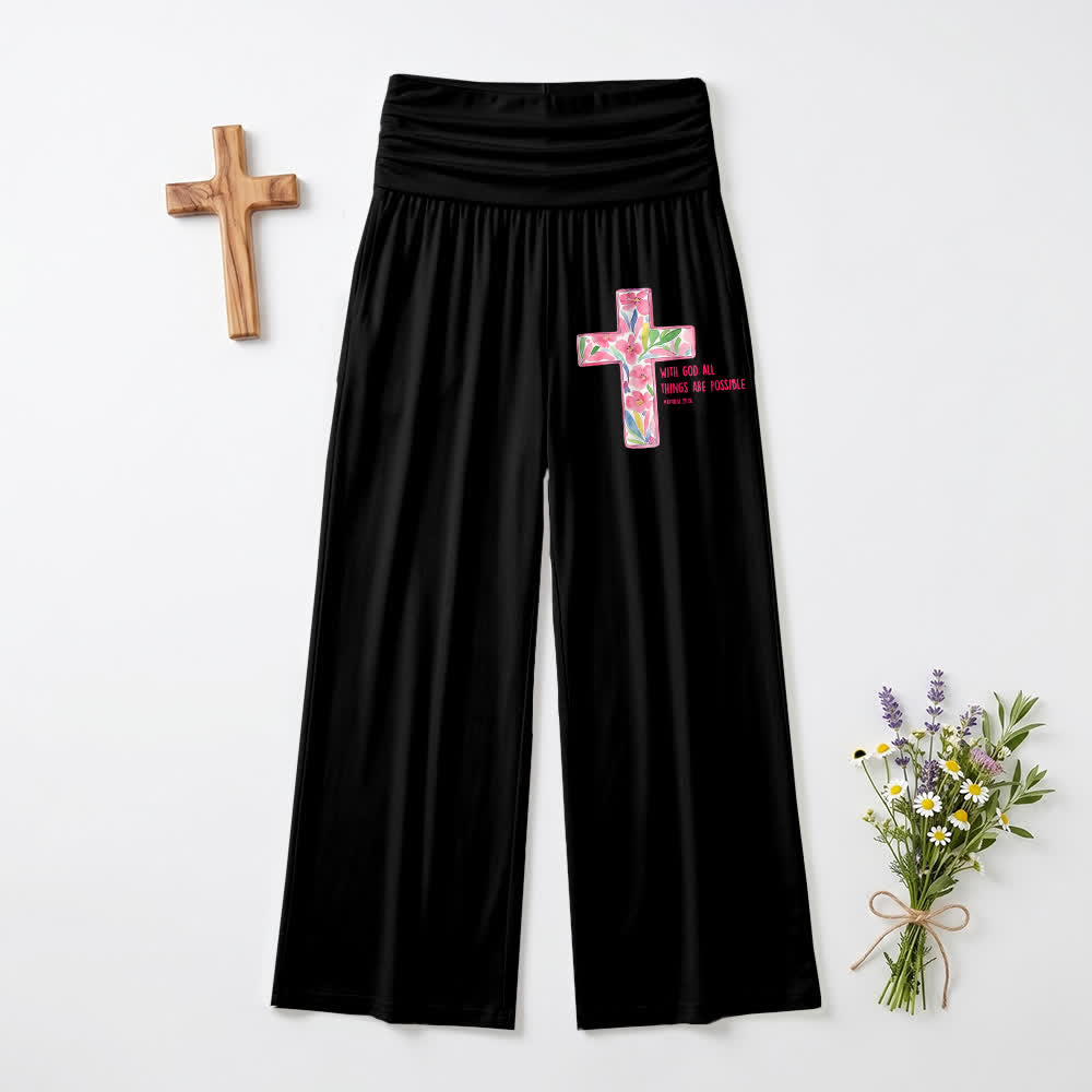 Christianartworkshop Watercolor Floral Cross Scripture Text Casual Faith Women’s Wide Leg Pants - Black - US22,UK/AU26,EU54(6XL) - image 0