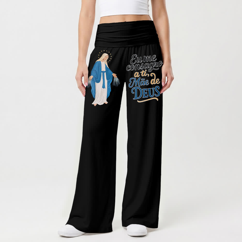 Christianartworkshop Miraculous Virgin Mary Portuguese Scripture Letter Art Casual Faith Women’s Wide Leg Pants - image 1