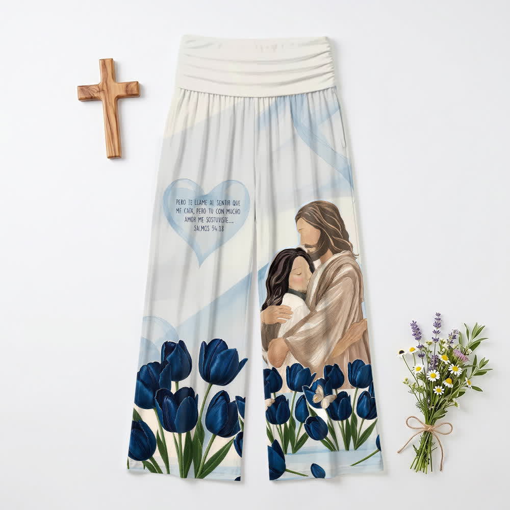 Christianartworkshop Embrace Jesus Blue Tulip Spanish Scripture Floral Art Casual Faith Women’s Wide Leg Pants - US22,UK/AU26,EU54(6XL) - image 0