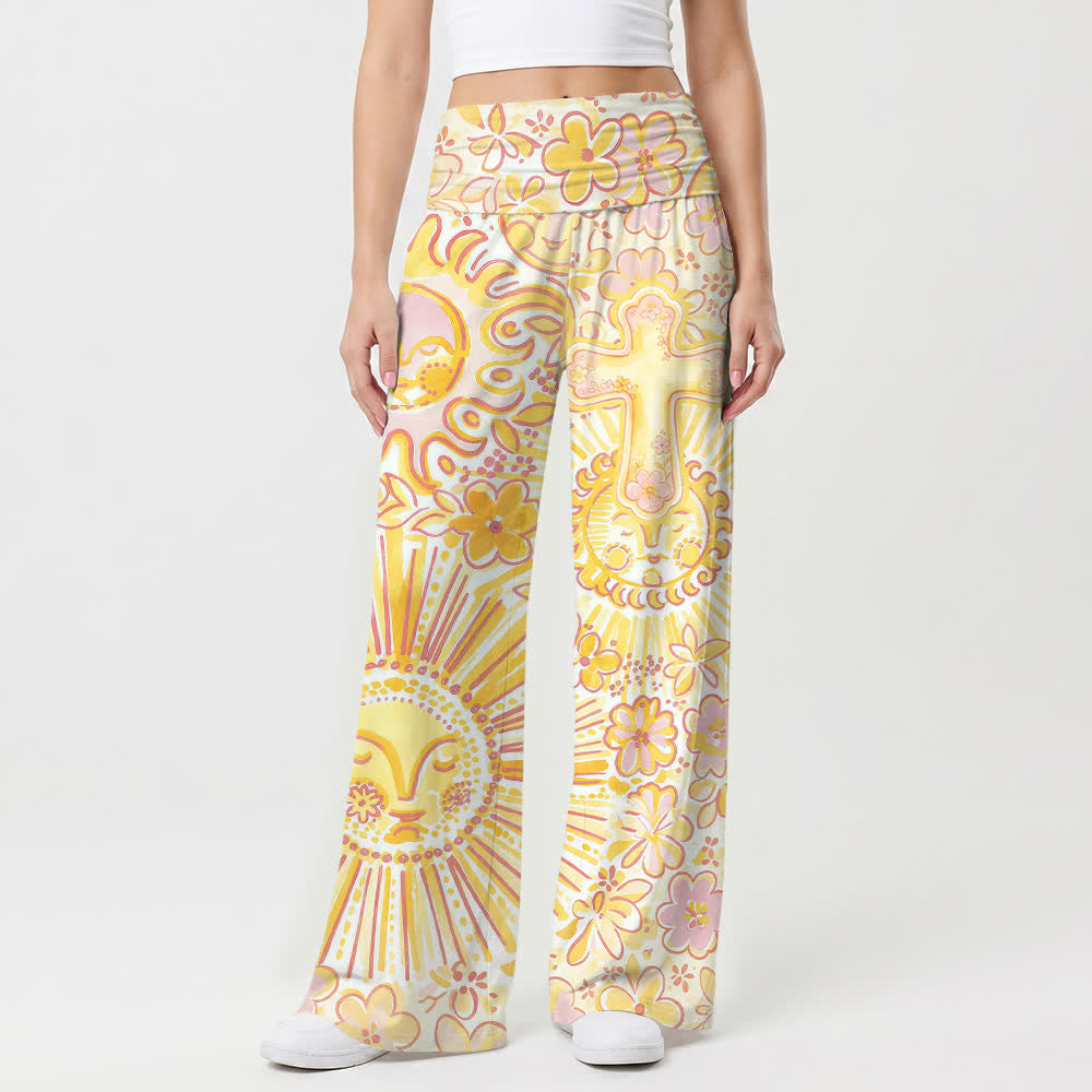 Christianartworkshop Boho Sun Moon Cross Floral Art Casual Faith Women’s Wide Leg Pants - image 1