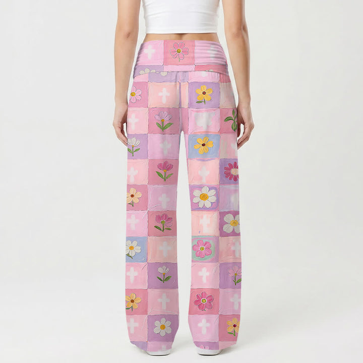 Christianartworkshop Pastel Checkerboard Floral Cross Oil Art Casual Faith Women’s Wide Leg Pants - image 2
