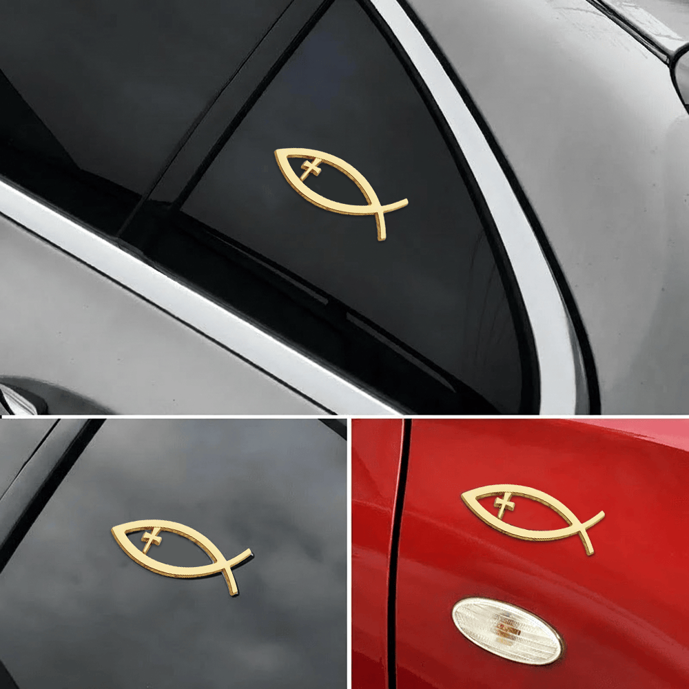 Christianartworkshop Ichthys Hollow Fish Frame Inset Cross Car Sticker: A Symbol of Steadfast Faith & Journey Protection - Golden - image 0