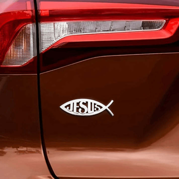 Christianartworkshop Ichthys Fish Shape JESUS Embossed Car Sticker: A Symbol of Abiding Faith & Divine Safeguard - image 1