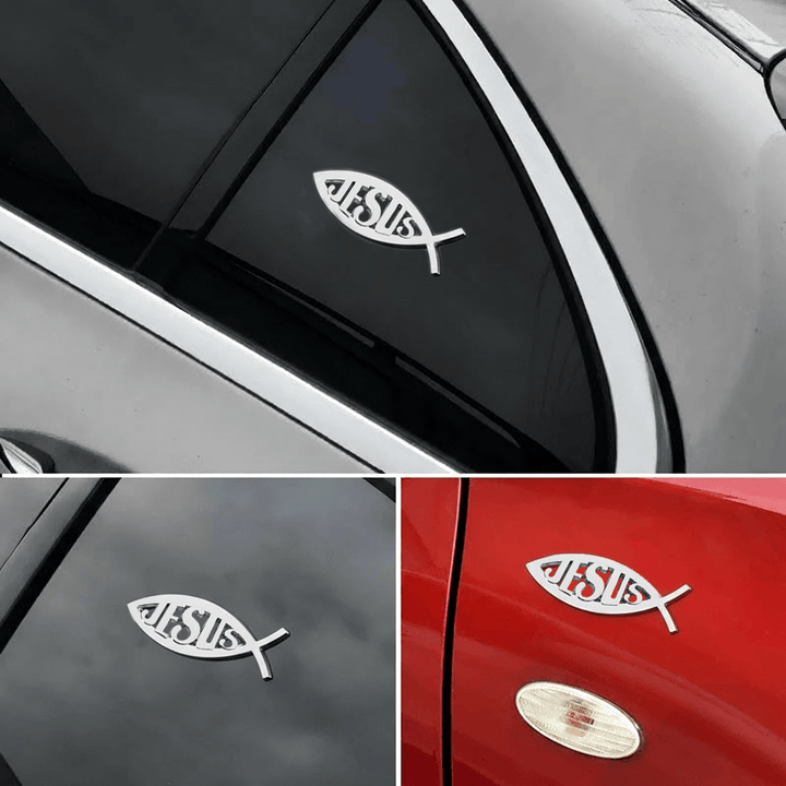 Christianartworkshop Ichthys Fish Shape JESUS Embossed Car Sticker: A Symbol of Abiding Faith & Divine Safeguard - Silver - image 0