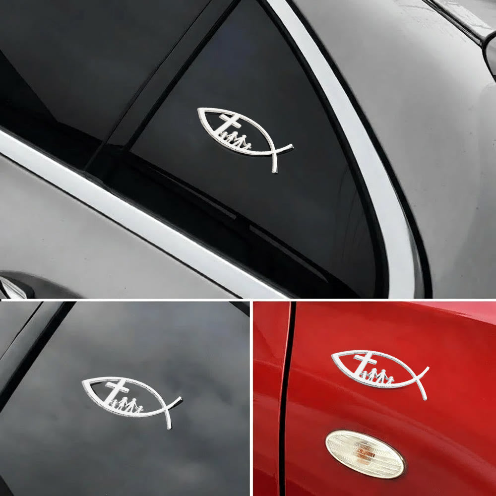Christianartworkshop Ichthys Hollow Fish Car Sticker with Cross & Family Silhouette: A Symbol of Family Blessing & Divine Shelter - Silver - image 0